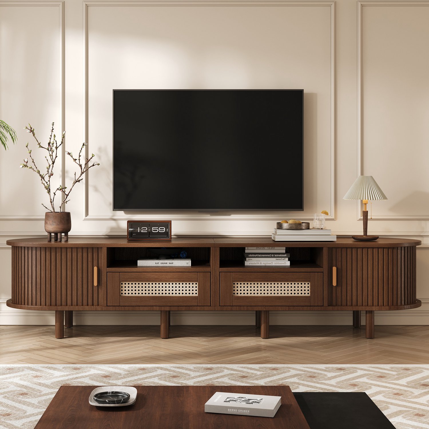 TV-meubel 170 cm - Ovaal - 2 rotanlook lades - 2 schuifdeuren - Voor tv tot 70 inch - Walnootkleur