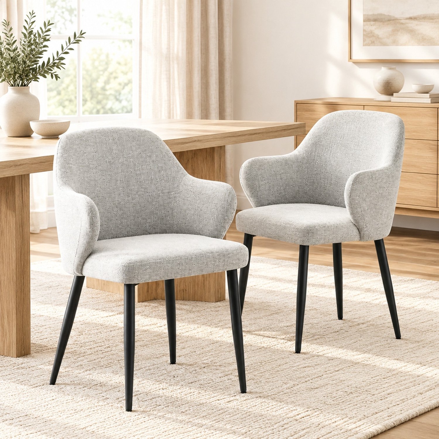 WUVRIE Set van 2 kuipstoelen 53x56,5x83 cm - Met armleuningen en metalen poten - Zwart/lichtgrijs