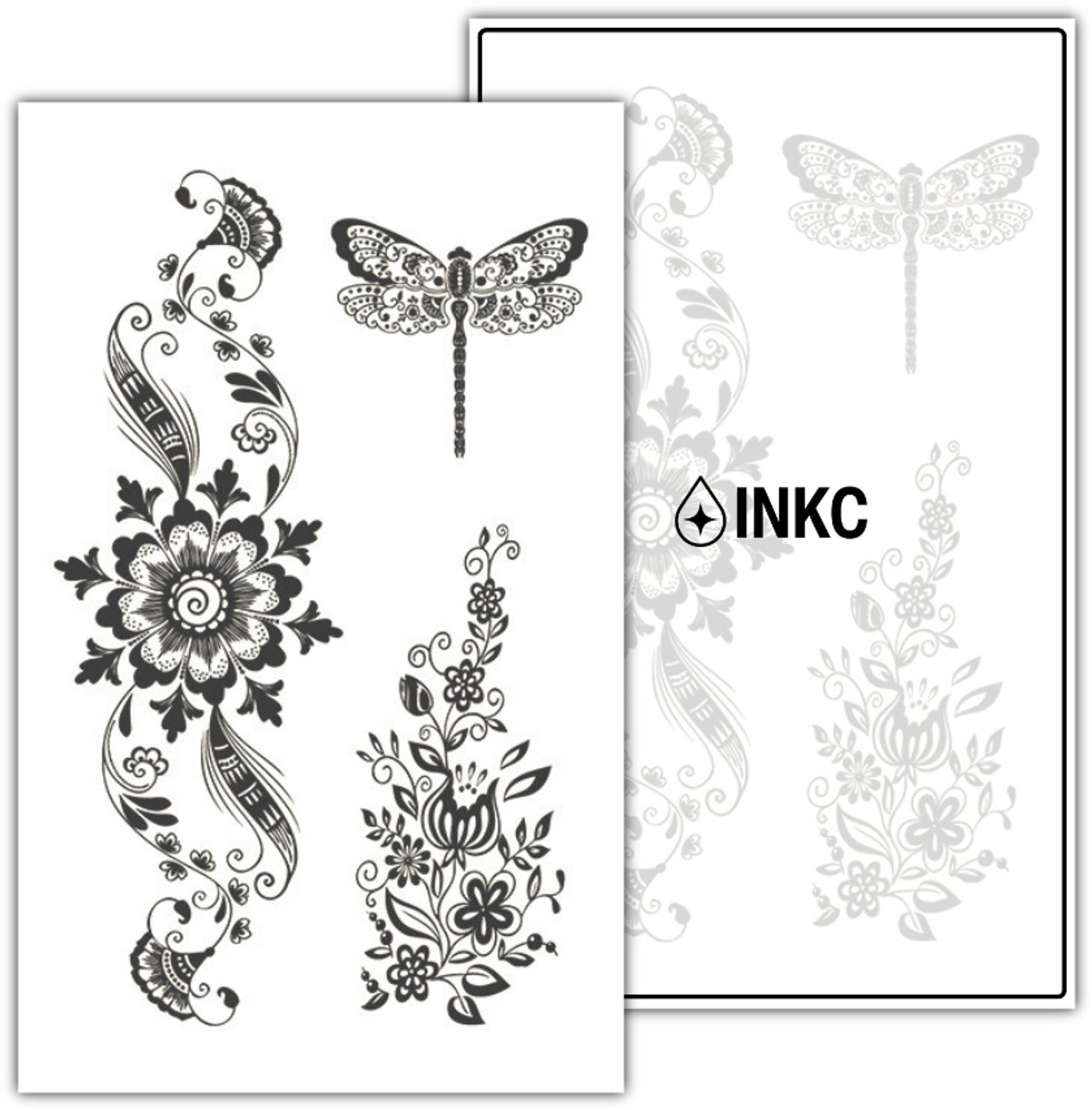 INKC - Tijdelijke Tattoo - Libelle Bloemen - Nep Tattoo - Plak Tattoos - Blijft tot 2 weken - 11 x 18cm