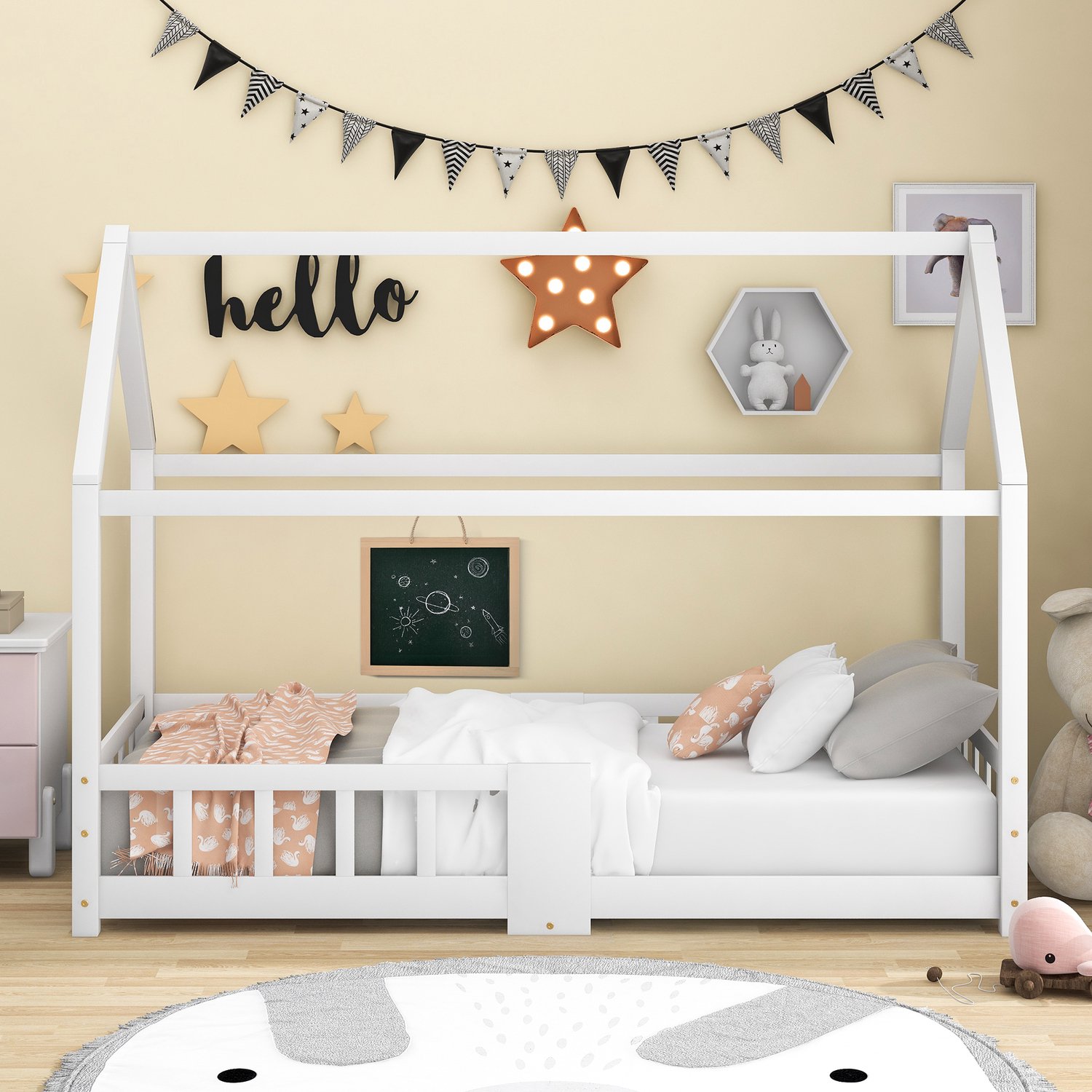 Huisbed Kinderbed 90 x 200 cm - Lattenbodem - Uitvalbeveiliging - Wit