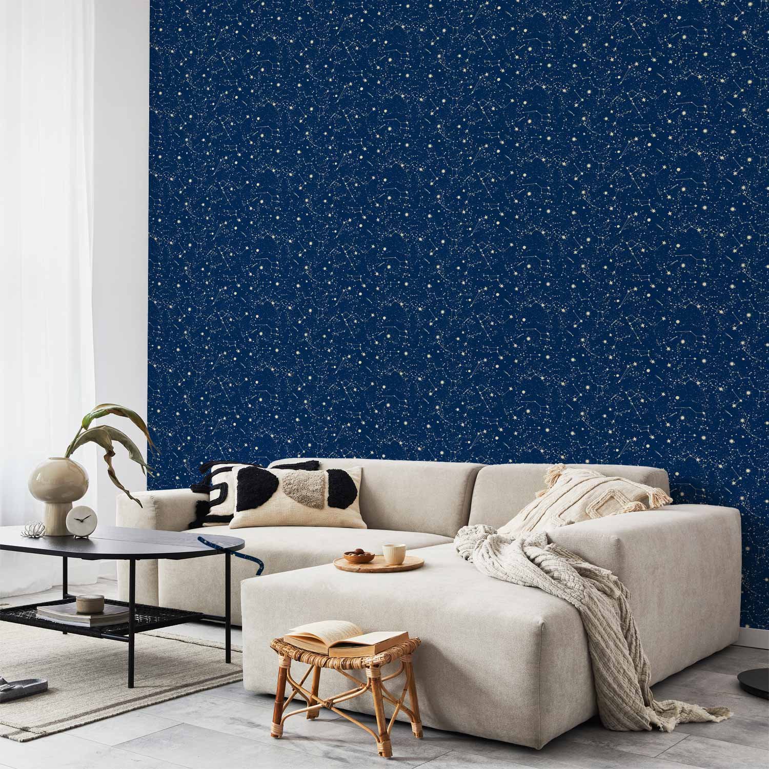Behang - Cosmic Inspirations - Pattern with Stars and Constellations on a Dark Background.