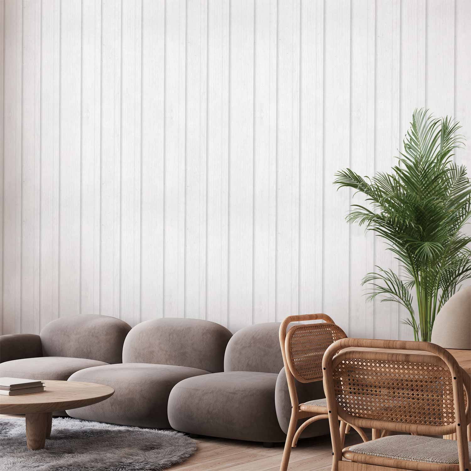 Behang - Vertical Lines - White background with a delicate wood pattern vertically.
