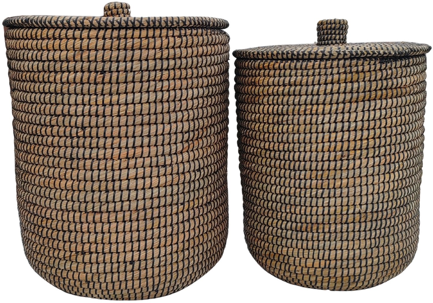 Wasmand met deksel – zeegras – set van 2 – 40 en 65 l – naturel zwart