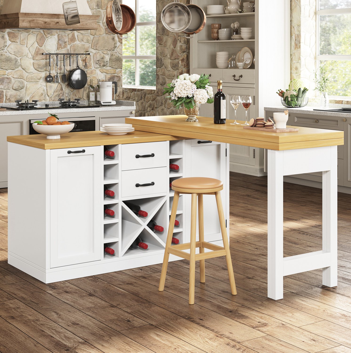WUVRIE Keukeneiland 120-223 cm - 360° draaibaar met lades en uitneembaar wijnrek - Wit