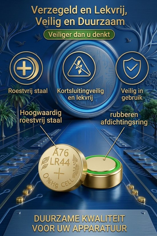 LR44-knoopcelbatterij met roestvrijstalen behuizing en rubberen afdichtingsring voor lekvrije prestaties.