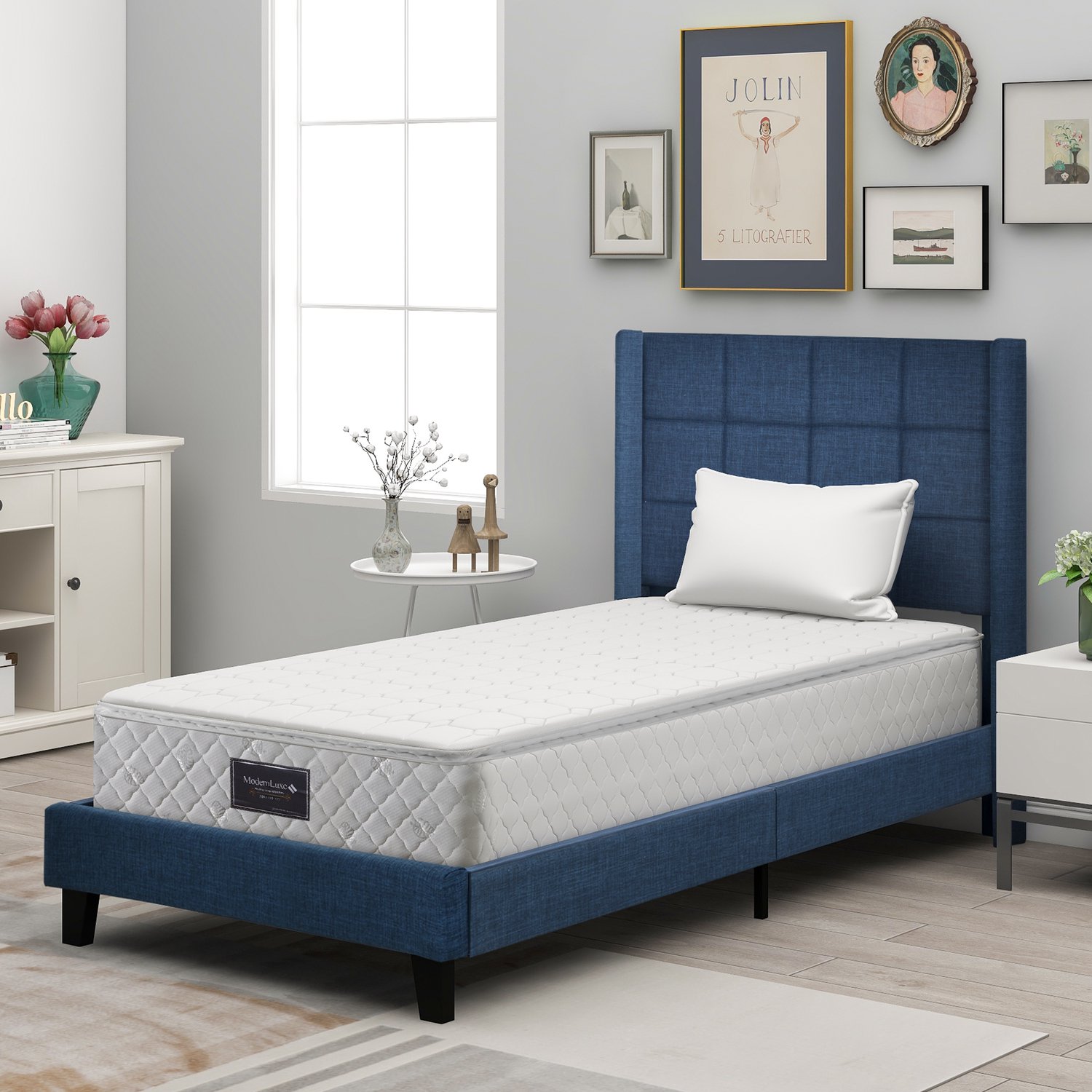 Eenpersoonsbed 90x200 cm Met Matras - Blauw Gestoffeerd Bed Met Hoofdbord - H3 Pocketveringmatras En Houten Lattenbodem - Linnen