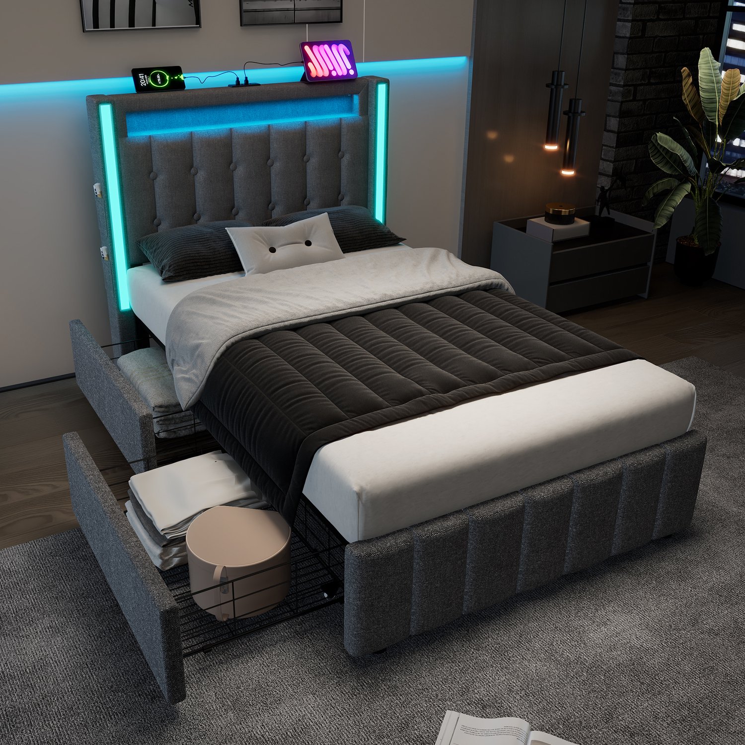 Eenpersoonsbed 90x200 cm Met Matras - Gestoffeerd Bed Met USB-C, LED-Verlichting En Twee Opberglades - Linnen Bekleding - Grijs
