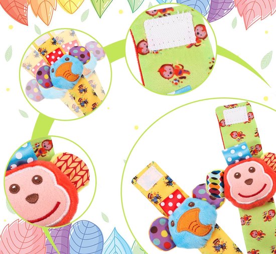 Babyspeelgoed 3-6 maanden – Set van polsrammelaars en sokjes met voetzoekers – Zacht pluche knisperspeeltje – Stimuleert grijpen en schoppen – Sensorisch speelgoed voor baby's van 0 tot 12 maanden – Kraamcadeau voor jongens en meisjes — afbeelding 5
