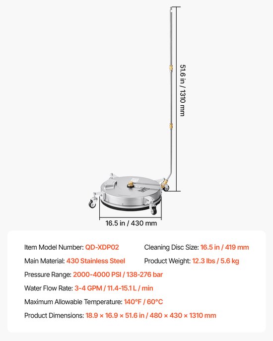 VEVOR Hogedrukreiniger voor Oppervlakken, 419 mm, Vloerreiniger met Wielen, Oppervlaktereiniger voor Opritten, Trottoirs en Stoepranden, Roestvrij Staal, max. 276 bar, met 1/4 inch Snelkoppeling en Verlengbuizen — afbeelding 3