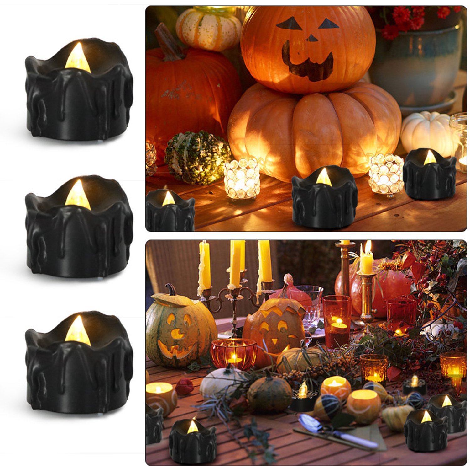 YAGXIG Halloween-kaarslamp - Zwarte kaarslamp - Zwarte druipende was - Vlamloze wenskaarslamp - Gesimuleerde kleine kaarslamp - Werkt op batterijen - 12 stuks - Halloween-sfeerdecoratie
