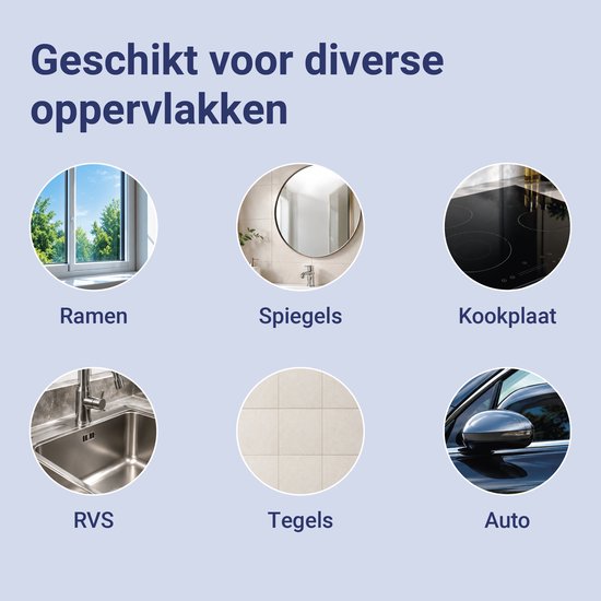 Illustratie toont de veelzijdigheid van de doek op ramen, spiegels, kookplaten, RVS, tegels en auto's.