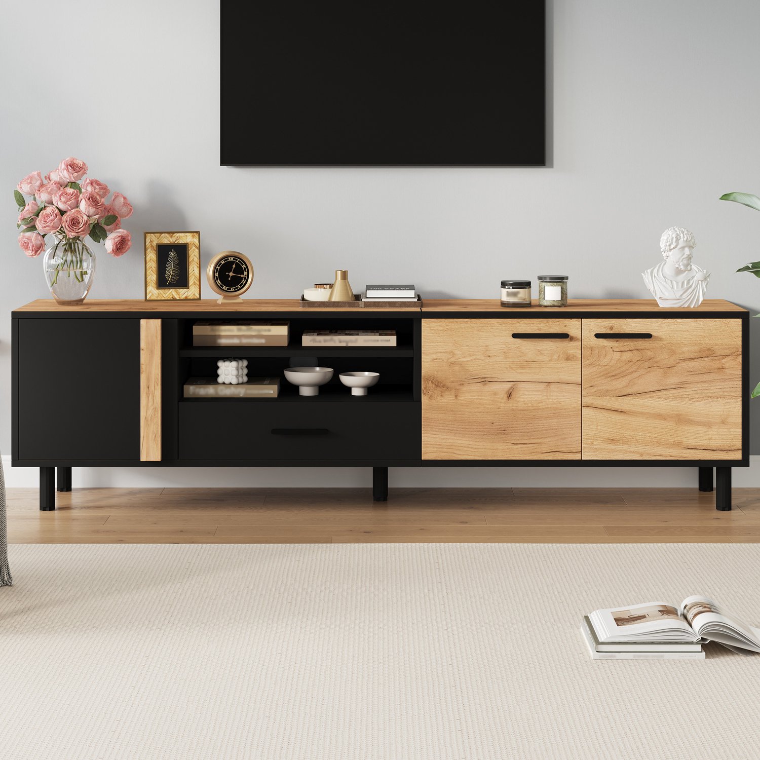 TV-meubel 180 cm met 3 deuren-1 lade en halfopen vak met 2 niveaus voor tv tot 80 inch - Zwart en houtlook