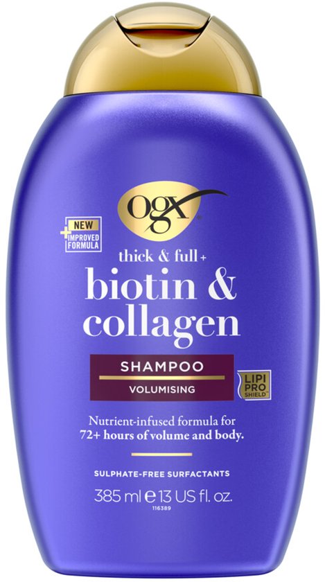 OGX Biotin & Collage shampoo in paarse fles met gouden dop. 'Thick & Full', 'Volumising', 'Sulphate-Free Surfactants'. 385 ml.