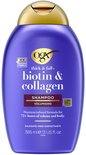 OGX Biotin & Collage shampoo in paarse fles met gouden dop. 'Thick & Full', 'Volumising', 'Sulphate-Free Surfactants'. 385 ml.