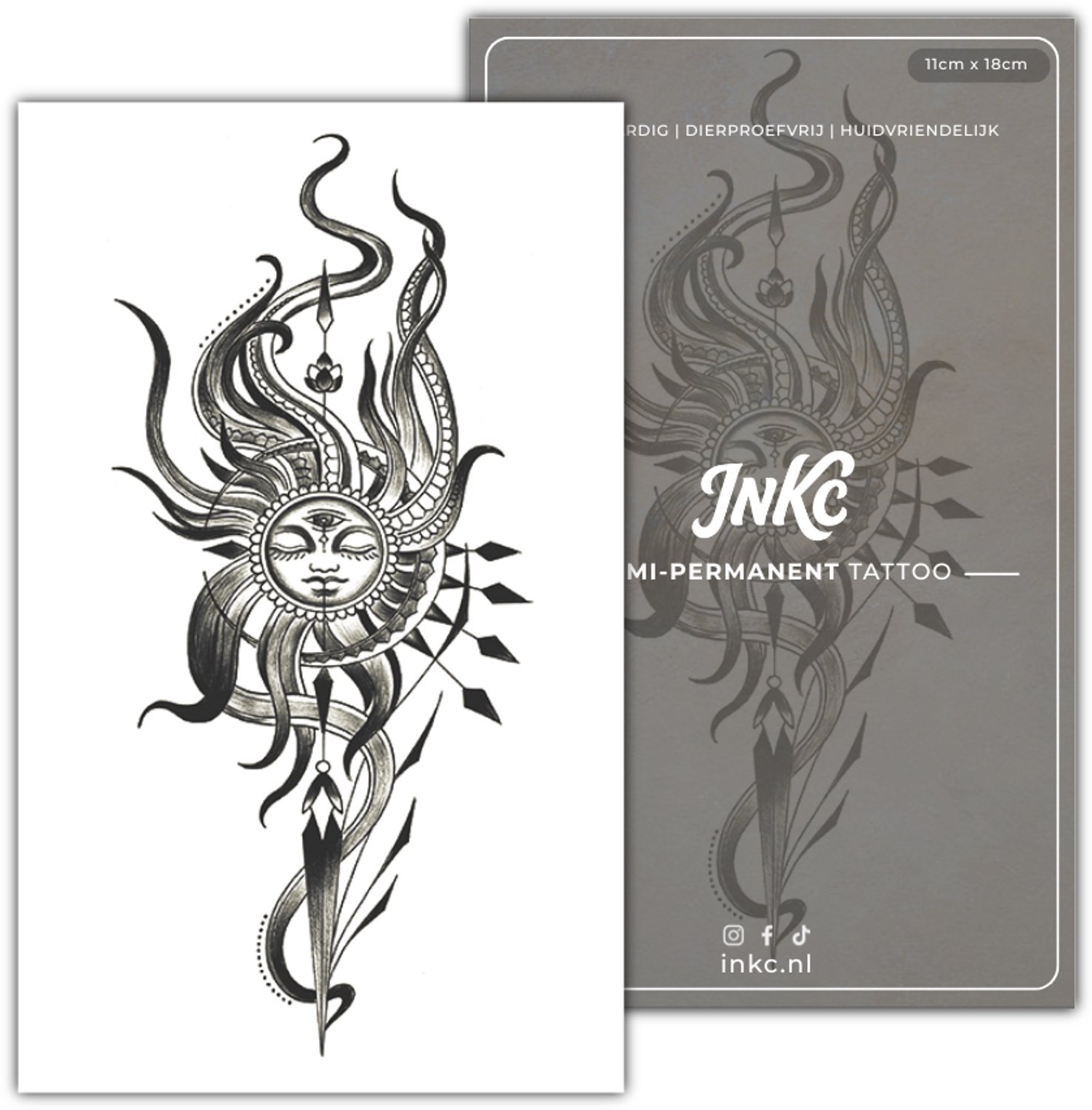 INKC - Tijdelijke Tattoo - Mystieke Zon - Nep Tattoo - Plak Tattoos - Blijft tot 2 weken - 11 x 18cm
