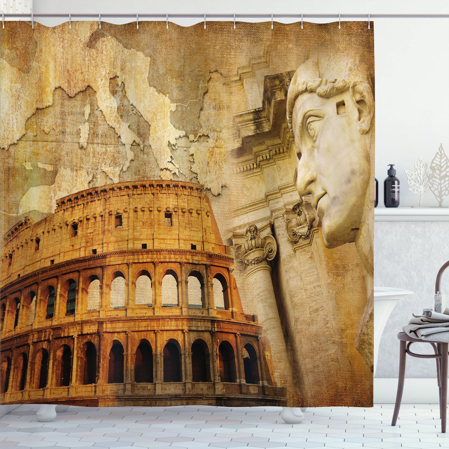 ABAKUHAUS Retro Douchegordijn, Romeinse Rijk-thema met Beroemde Zuilen, Beelden, Colosseum en Landkaart, Stoffen Badkamerdecoratieset met Haken, 175 B x 200 L, Oranje Bruin