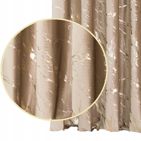 Beige fluwelen gordijn met marmerprint en gouden details - 250x140 cm
