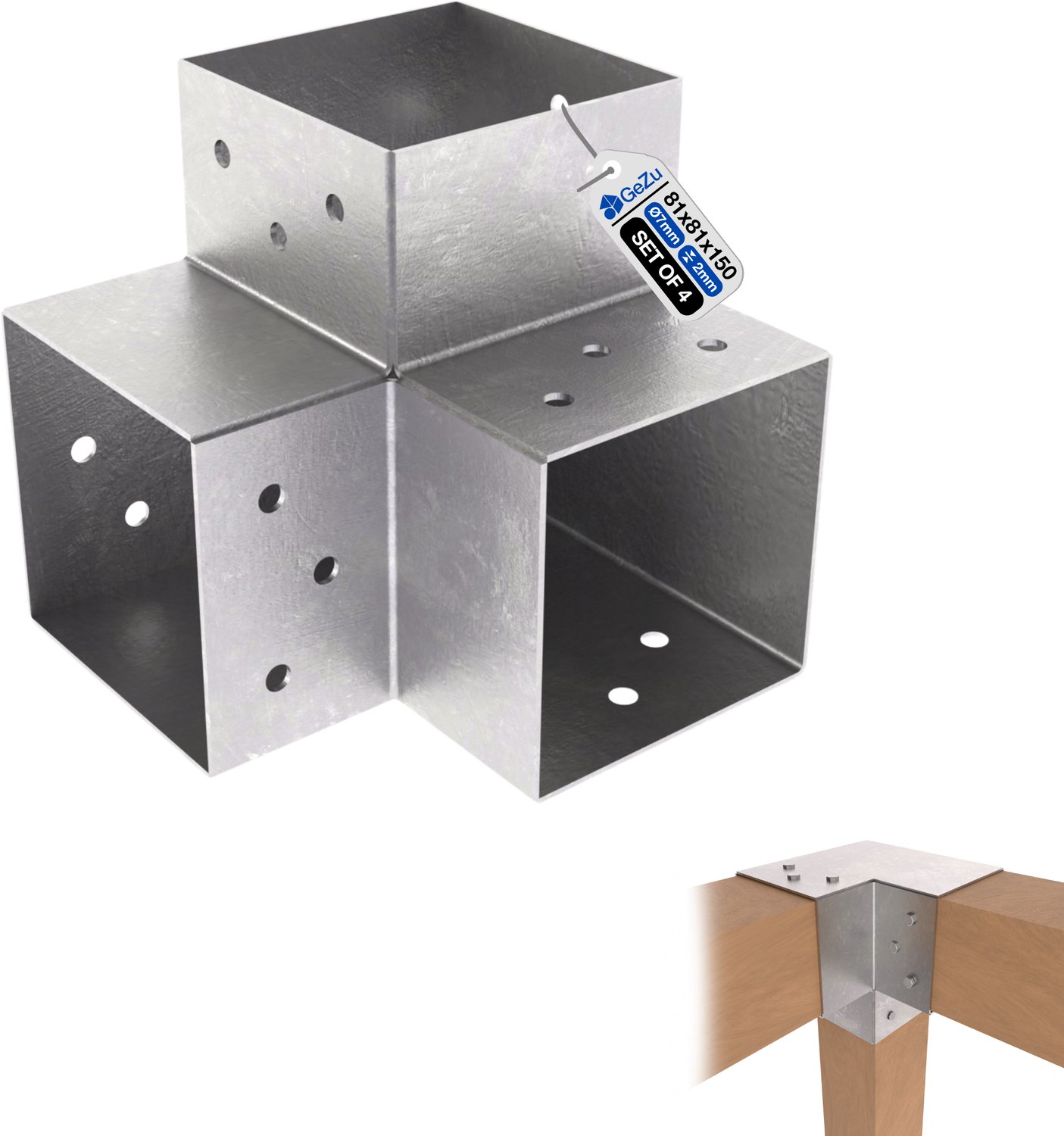 GeZu Impex Paalverbinder Y 81 x 81 mm | Y set van 4 Thermisch Verzinkt Pergola 3-Weg Hoekverbinder Paviljoen