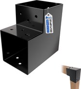 Zwarte L-vormige pergola paalverbinder van 81x81x150 mm met voorgeboorde gaten en GeZu label.
