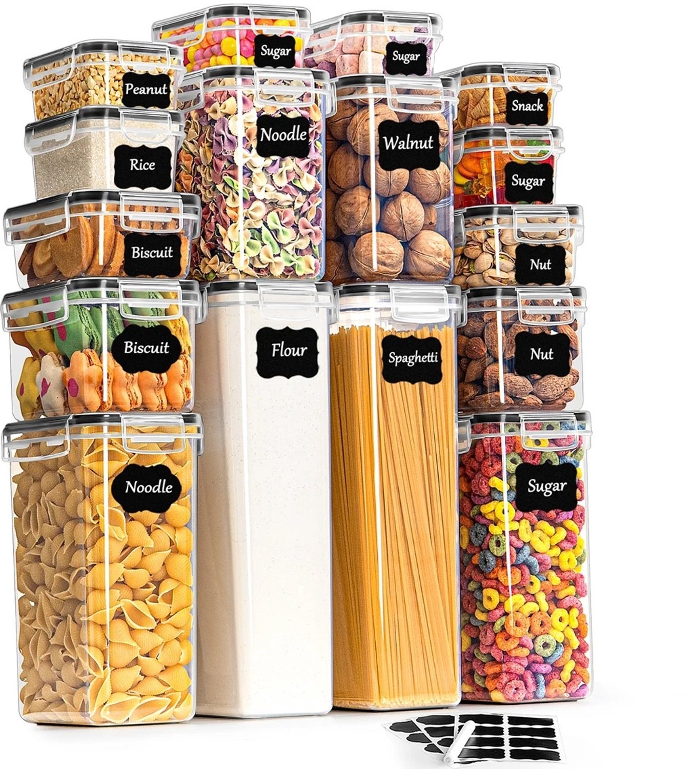 Lilac & Lily Set van 16 Voorraadpotten - Luchtdichte Bewaardozen Met Labels - 7 Maten - Transparante Voedselbakjes - BPA-vrij - Stapelbaar