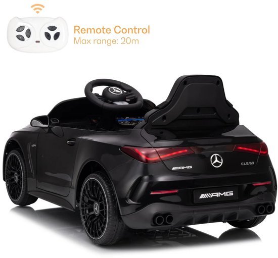 Achterzijde Mercedes-Benz kinderauto met afstandsbediening, bereik 20 meter.
