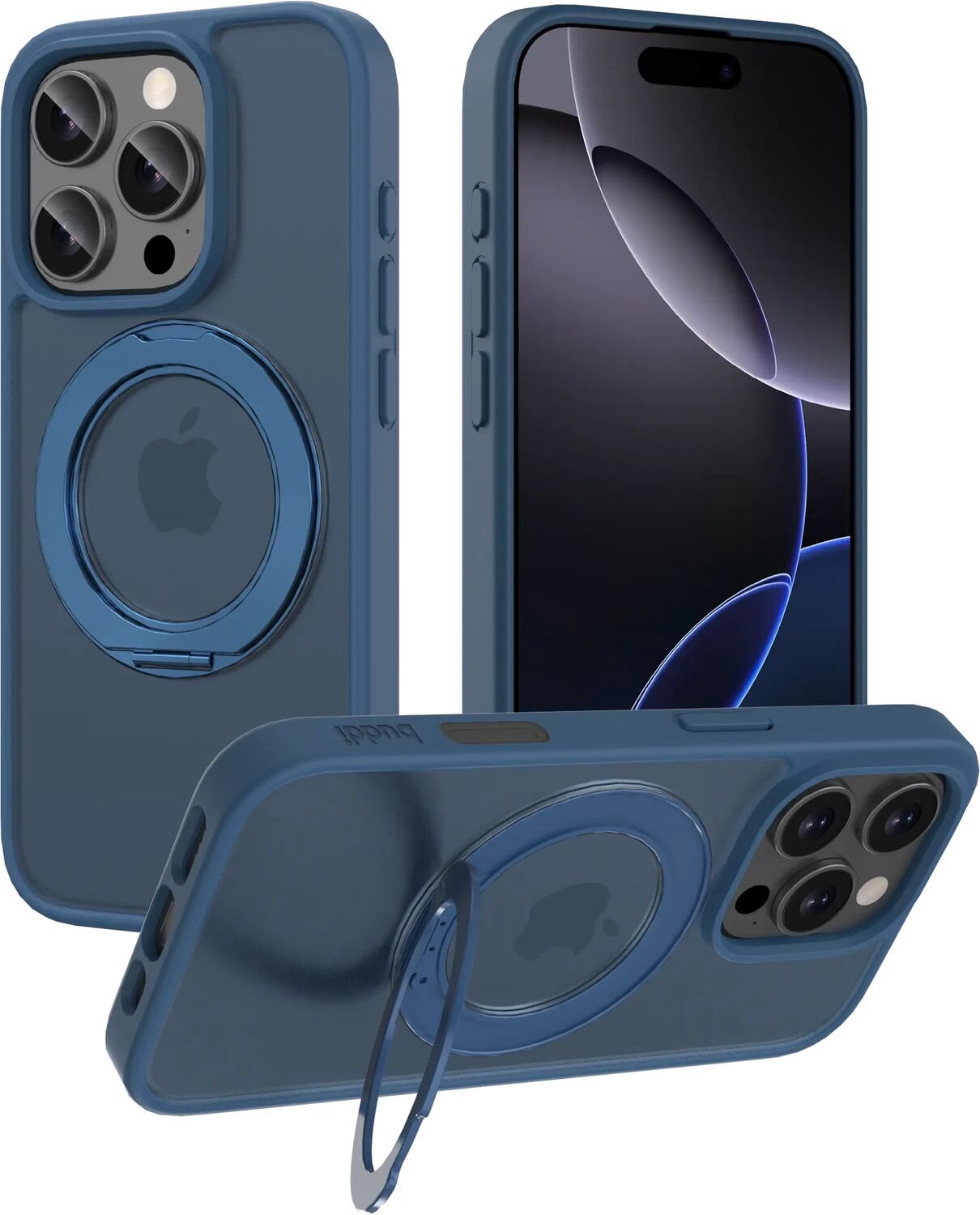 Buddi Frost Hoesje Geschikt voor Apple iPhone 16 Pro - Mat Donker Blauw - Met Ring Stand - MagSafe Back Cover - Matchende kleur - Met 360° Draaibare Standaard - Shockproof - Slank