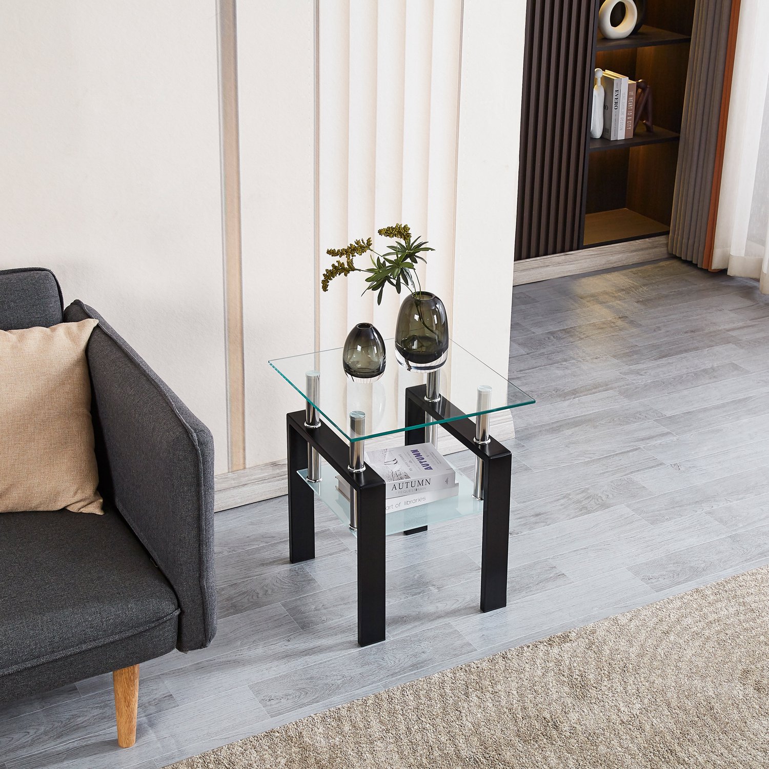 VVBV Glazen Salontafel Set van 2 / Bijzettafel – Zwarte Poten – voor Woonkamer/Keuken – Gehard glas – Transparant Transparent