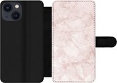 Bookcase Geschikt voor iPhone 13 Mini telefoonhoesje - Marmer print - Rosé - Chic - Met vakjes - Wallet case met magneetsluiting