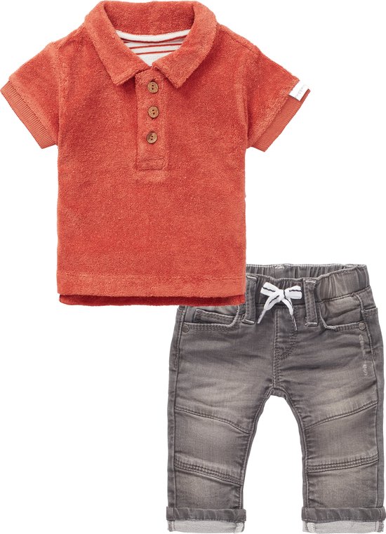 Noppies - Kledingset - 2delig - Jeans Grijs - Polo Shirt bruin rood - Maat 74