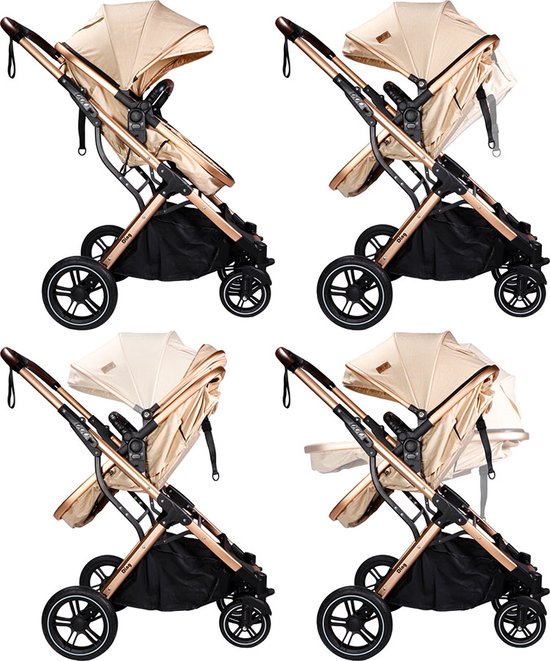 Collage van beige combi kinderwagens met goudkleurig frame en verstelbare kap.