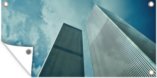 Affiche clôture Vue de dessous des tours du World trade center à New York - 200x100 cm - Toile jardin
