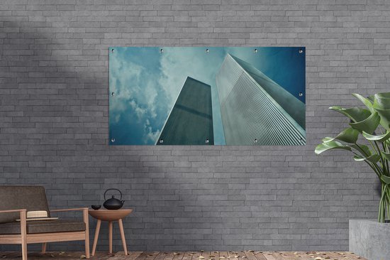Affiche clôture Vue de dessous des tours du World trade center à New York - 200x100 cm - Toile jardin