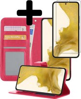 Hoesje Geschikt voor Samsung S22 Ultra Hoesje Book Case Hoes Wallet Cover Met Screenprotector - Hoes Geschikt voor Samsung Galaxy S22 Ultra Hoesje Bookcase Hoes - Donkerroze