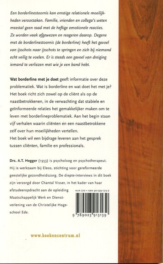 Achterkant boek met tekst over borderline. Titel: Wat borderline met je doet. Met ISBN-barcode en website.
