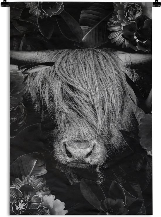 Wandkleed - Wanddoek - Botanische Schotse hooglander tegen zwarte achtergrond - zwart wit - 90x135 cm - Wandtapijt