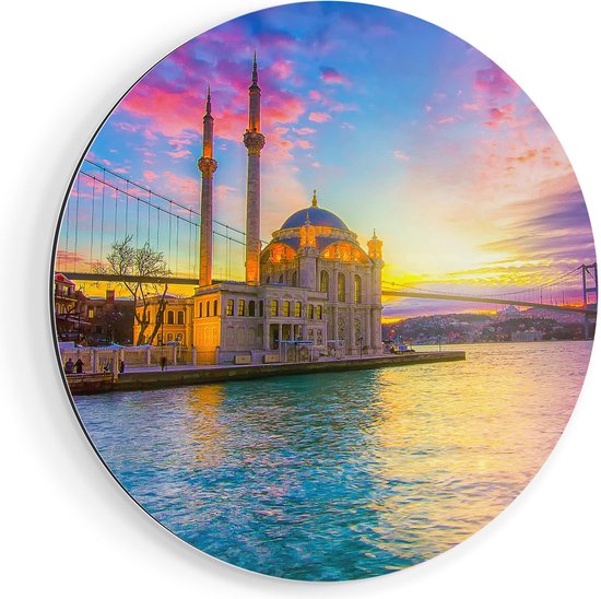 Artaza Dibond Muurcirkel Kleurrijke Ortakoy Moskee In Instanbul - Ø 70 cm - Wandcirkel - Rond Schilderij - Voor Binnen en Buiten