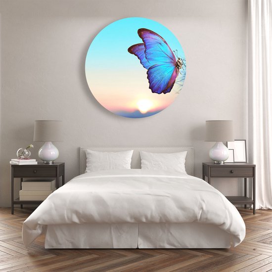 Artaza Dibond Cercle Mural Papillon Bleu Aux Pissenlits - Ø 90 cm - Groot - Cercle Mural - Tableau Rond - Pour Intérieur et Extérieur