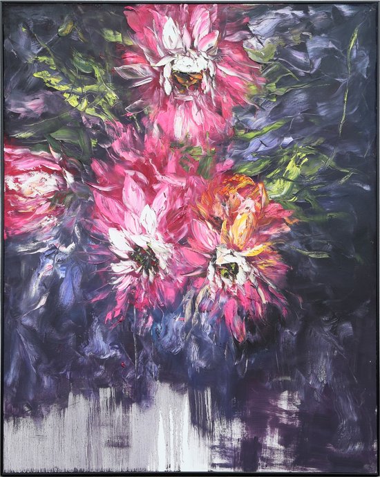 Fine Asianliving Olieverf Schilderij 100% Handgeschilderd 3D met Reliëf Effect en Zwarte Omlijsting 120x150cm Roze Bloemen