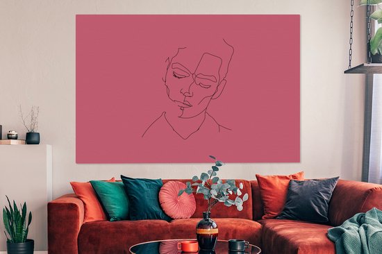 Canvas schilderij 180x120 cm - Wanddecoratie Line art - Man - Roze - Muurdecoratie woonkamer - Slaapkamer decoratie - Kamer accessoires - Schilderijen