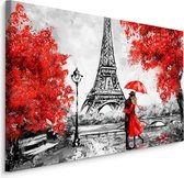 Schilderij - Romantiek bij de Eiffeltoren, zwart, wit, rood, premium Print