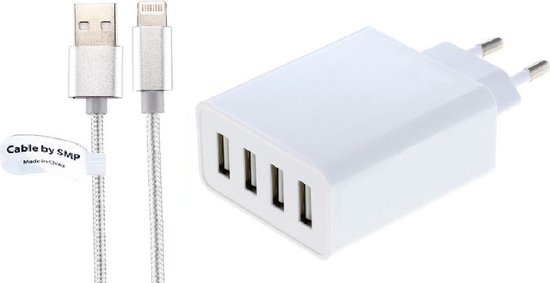 OneOne 4 poort lader + 2,0 m USB kabel. 12 Watt oplader adapter met standaard laadsnelheid. Adapter en universeel snoer zijn geschikt voor de Apple iPhone en iPod series met het smalle Lightning stekkertje.