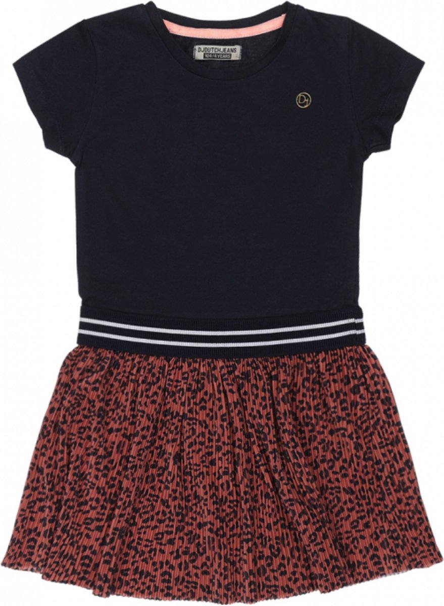 Dj Dutchjeans - Meisjes - Jurk - Navy - Blauw - Panterprint - Maat 98