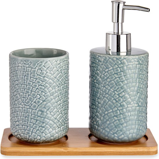 Set d'accessoires de salle de bain 3 pièces relief gris-bleu de céramique  -... | bol.com