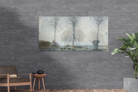 Affiche de clôture Ferme avec trois grands arbres au premier plan - Piet Mondrian - 200x100 cm - Toile jardin