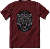 Wolf - Dieren Mandala T-Shirt | Paars | Grappig Verjaardag Zentangle Dierenkop Cadeau Shirt | Dames - Heren - Unisex | Wildlife Tshirt Kleding Kado | - Burgundy - L
