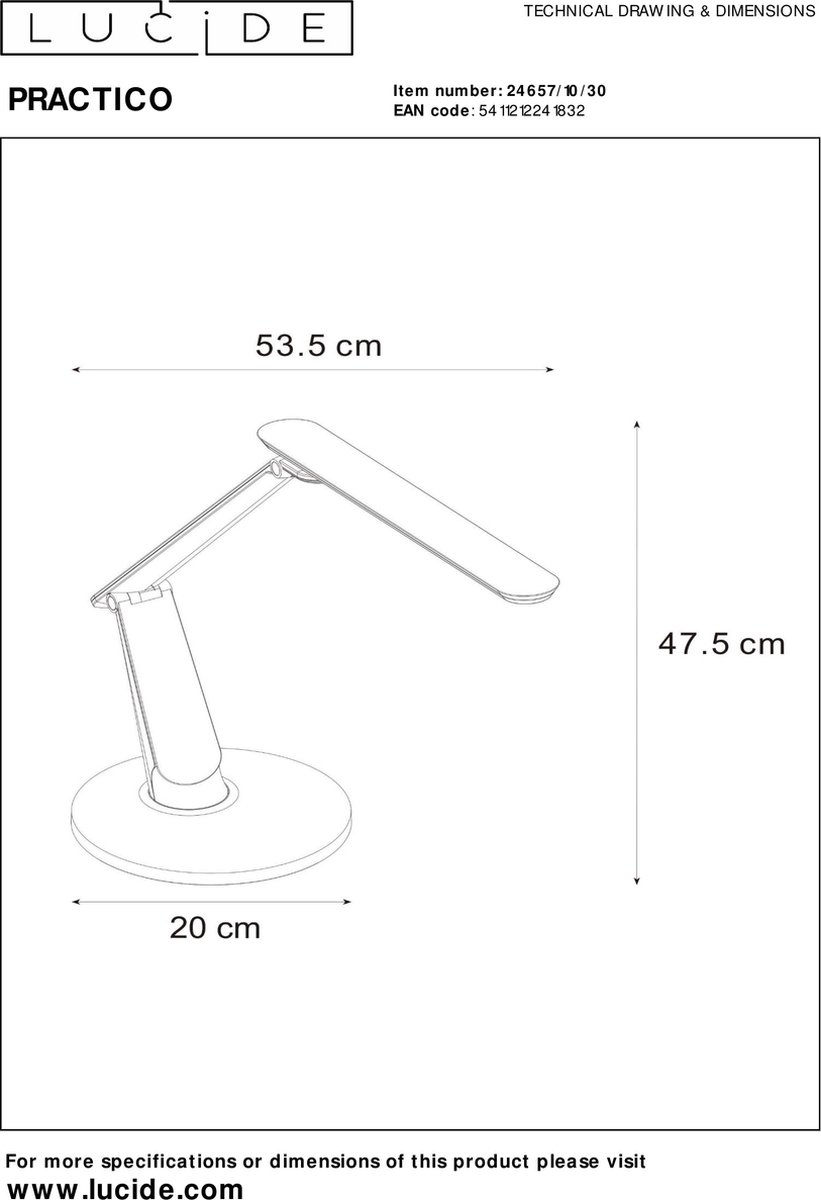 Lucide PRACTICO - Lampe de bureau - LED Dim. - 1x10W 2700K/6000K - Point de  rechargement USB - Noir