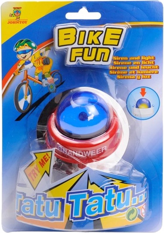 Pakket met rode fietsbel met blauwe zwaailichtkoepel, met de tekst BRANDWEER. Met de tekst 'Bike Fun'.