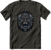 Leeuw - Dieren Mandala T-Shirt | Blauw | Grappig Verjaardag Zentangle Dierenkop Cadeau Shirt | Dames - Heren - Unisex | Wildlife Tshirt Kleding Kado | - Donker Grijs - XL