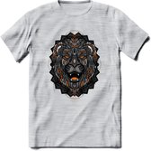 Leeuw - Dieren Mandala T-Shirt | Oranje | Grappig Verjaardag Zentangle Dierenkop Cadeau Shirt | Dames - Heren - Unisex | Wildlife Tshirt Kleding Kado | - Licht Grijs - Gemaleerd -