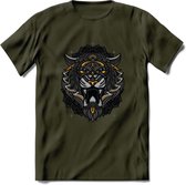 Tijger - Dieren Mandala T-Shirt | Geel | Grappig Verjaardag Zentangle Dierenkop Cadeau Shirt | Dames - Heren - Unisex | Wildlife Tshirt Kleding Kado | - Leger Groen - L